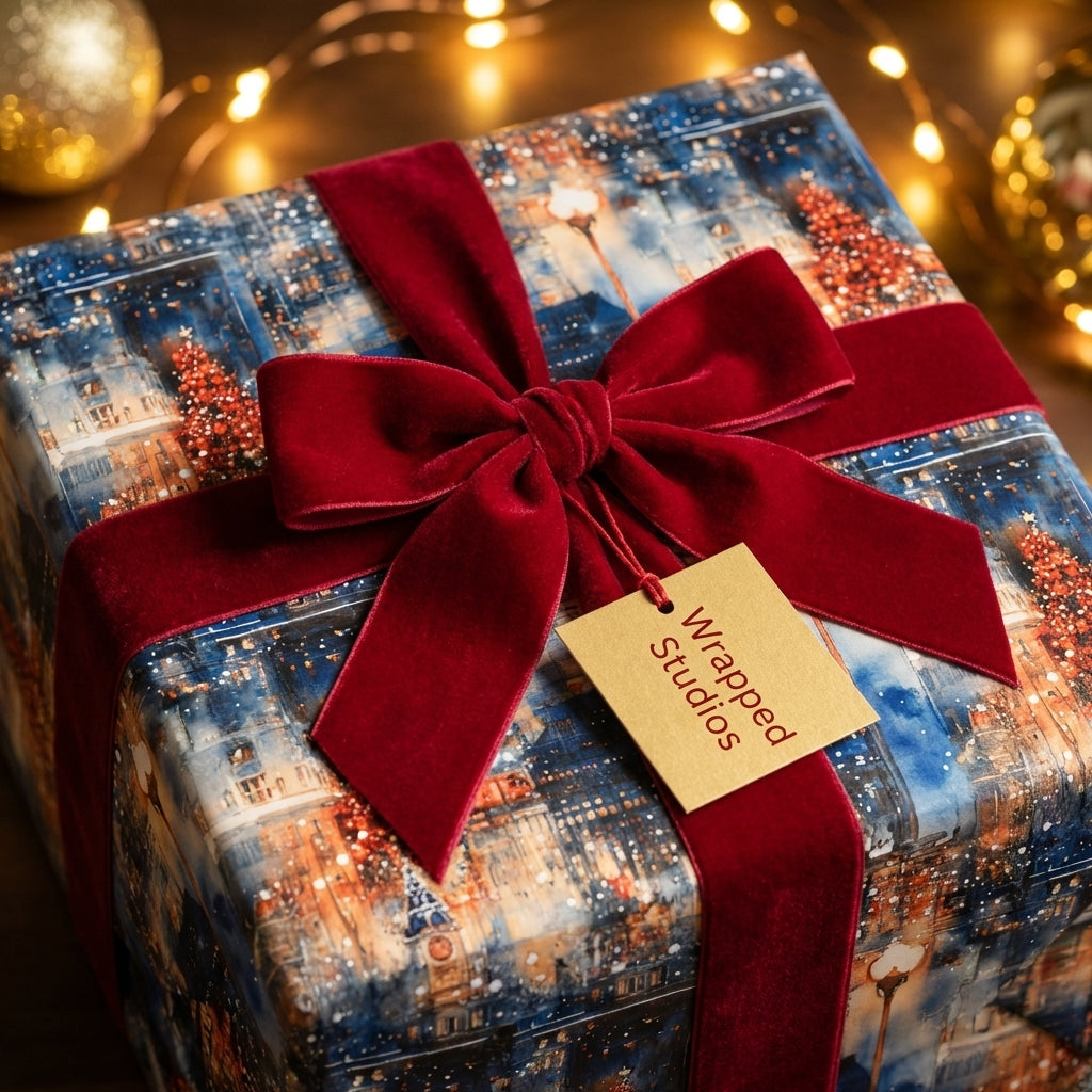 Wrapped Studios Christmas gift with city pattern wrapping paper and red velvet bow.