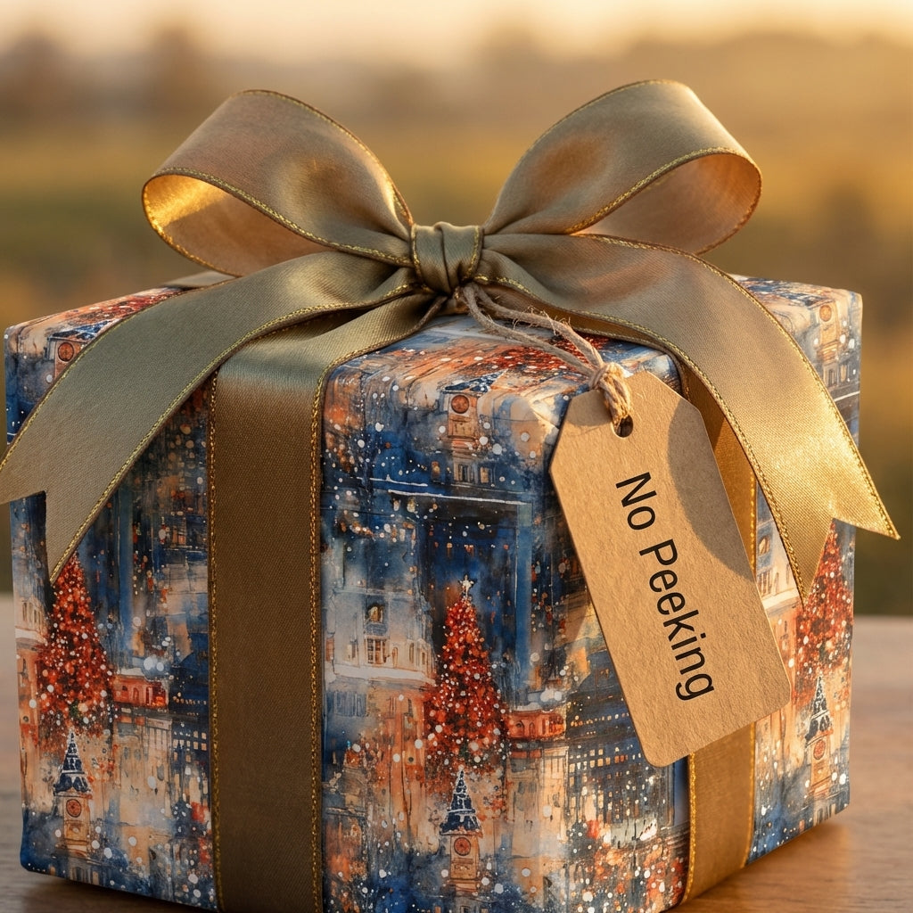 "No Peeking!" Christmas gift with cityscape wrapping paper and gold ribbon, Wrapped Studios.