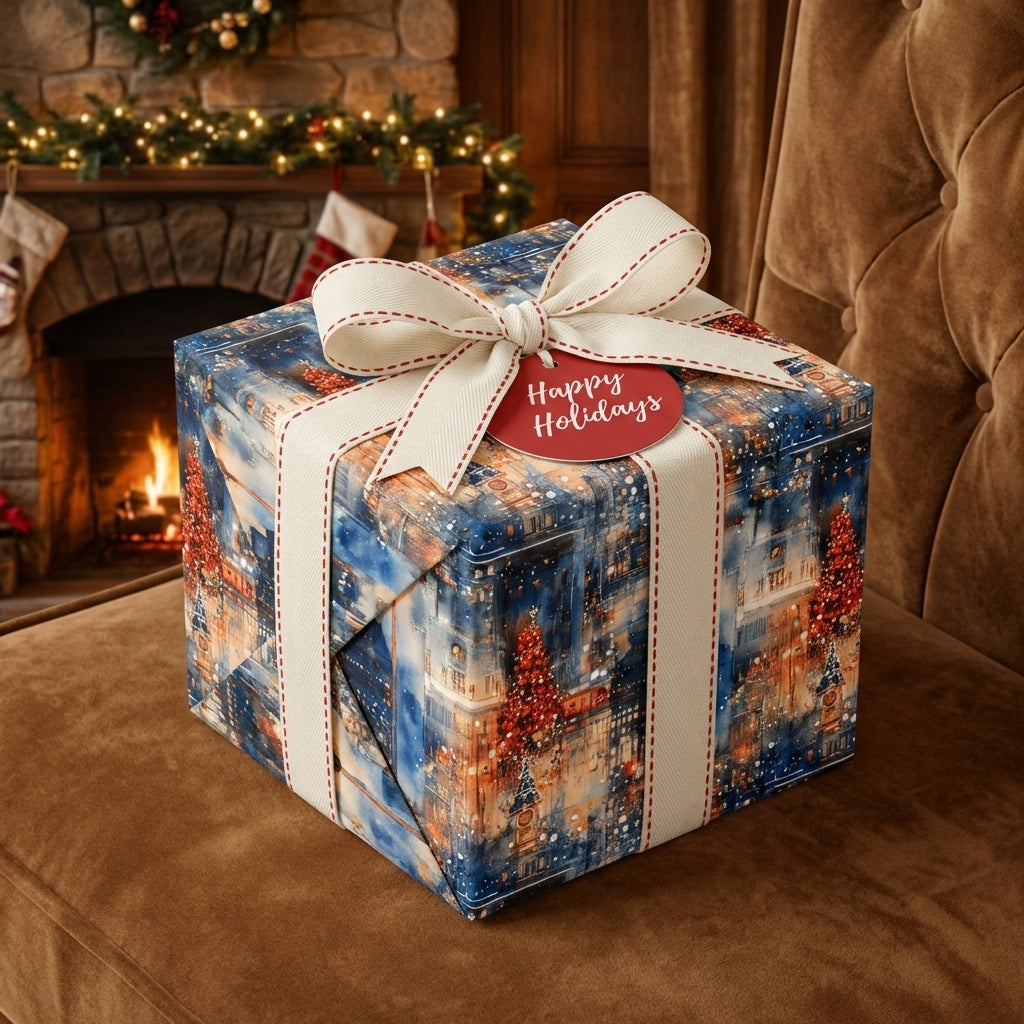 Wrapped Studios winter village Christmas gift wrap with a cream ribbon and "Happy Holidays" tag.