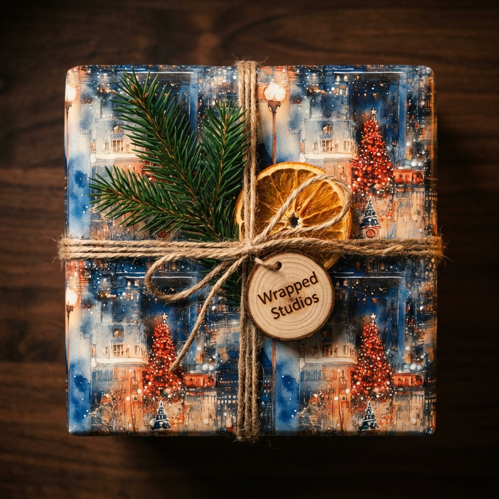 Christmas gift wrapped in cityscape paper with twine, evergreen sprig, and orange slice. Wrapped Studios.