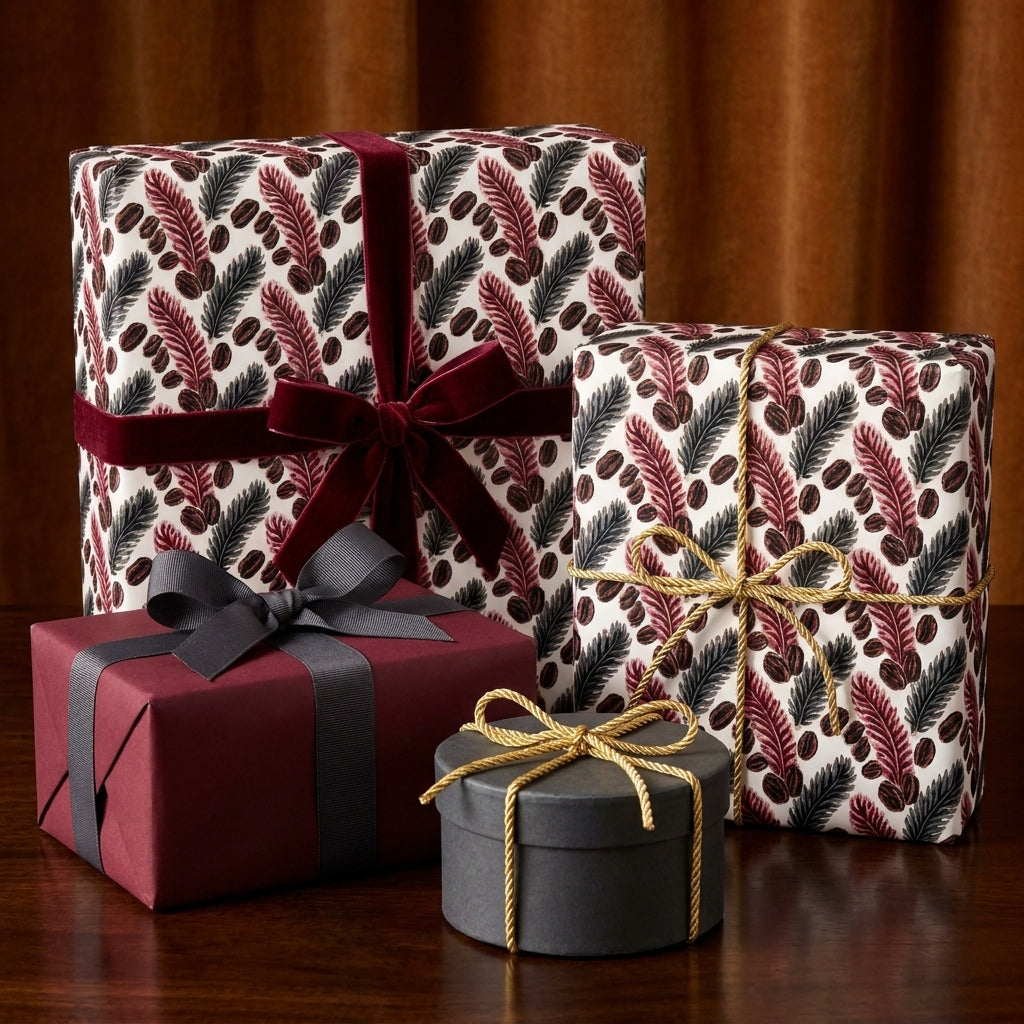 Luxury botanical wrapping paper with elegant burgundy velvet bows on gift boxes by Wrapped Studios.