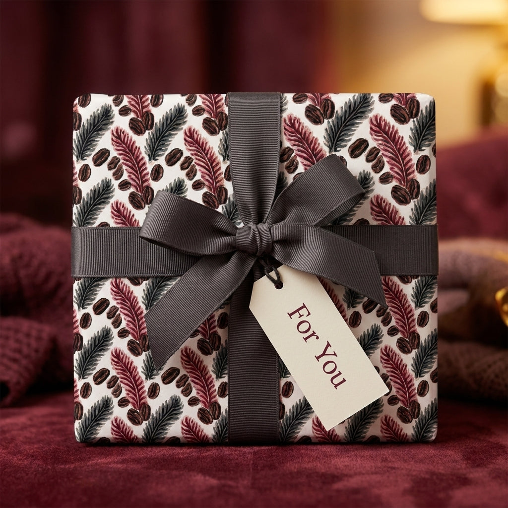 Cozy coffee bean and feather luxury wrapping paper with a grey bow by Wrapped Studios.