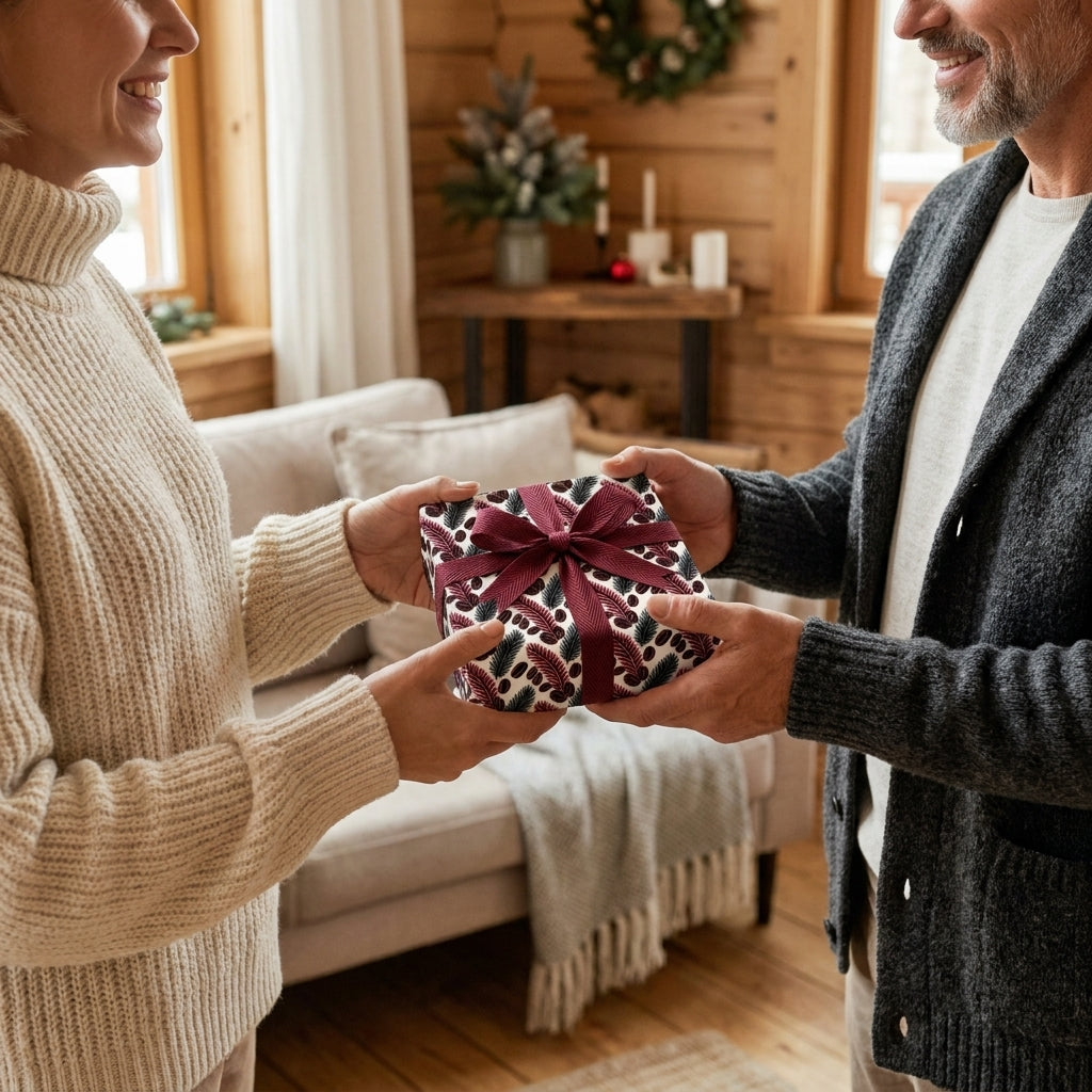 Couple exchanging holiday gift in elegant botanical Christmas wrapping paper by Wrapped Studios.