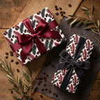 Luxury coffee bean gift wrap with elegant satin and velvet bows on gifts by Wrapped Studios.