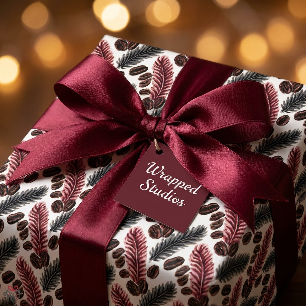 Luxury Christmas gift wrap with botanical pine pattern and burgundy satin ribbon by Wrapped Studios.