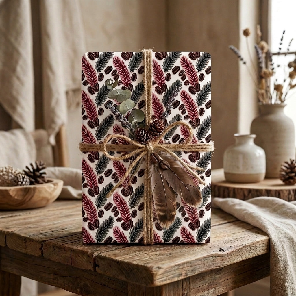 Rustic botanical wrapping paper with feather and pine pattern, tied with a twine bow by Wrapped Studios.
