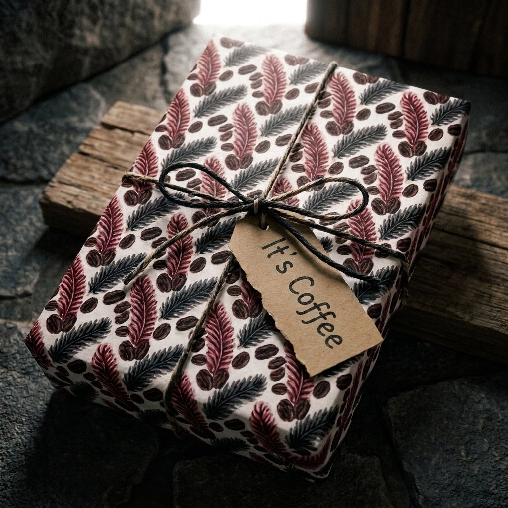 Rustic coffee wrapping paper on a twine-tied gift box with a tag by Wrapped Studios.