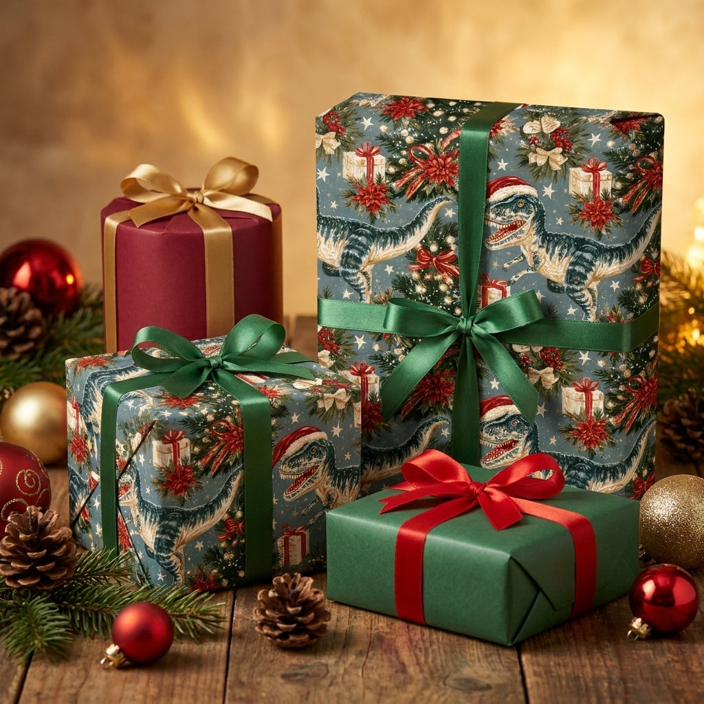Dinosaur Christmas wrapping paper with a festive T-Rex pattern on holiday gifts by Wrapped Studios.