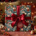 Vintage dinosaur Christmas wrapping paper with T-Rex in Santa hats and red satin bow by Wrapped Studios.
