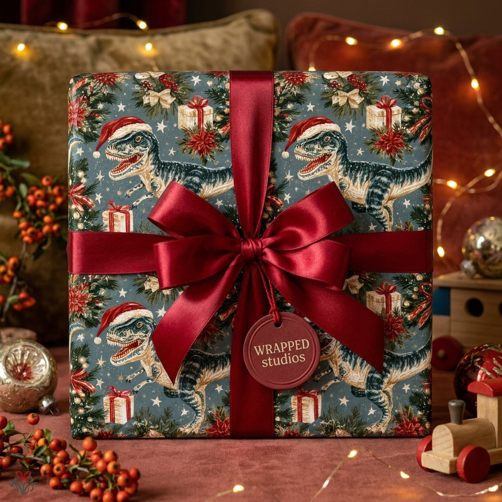Vintage dinosaur Christmas wrapping paper with T-Rex in Santa hats and red satin bow by Wrapped Studios.