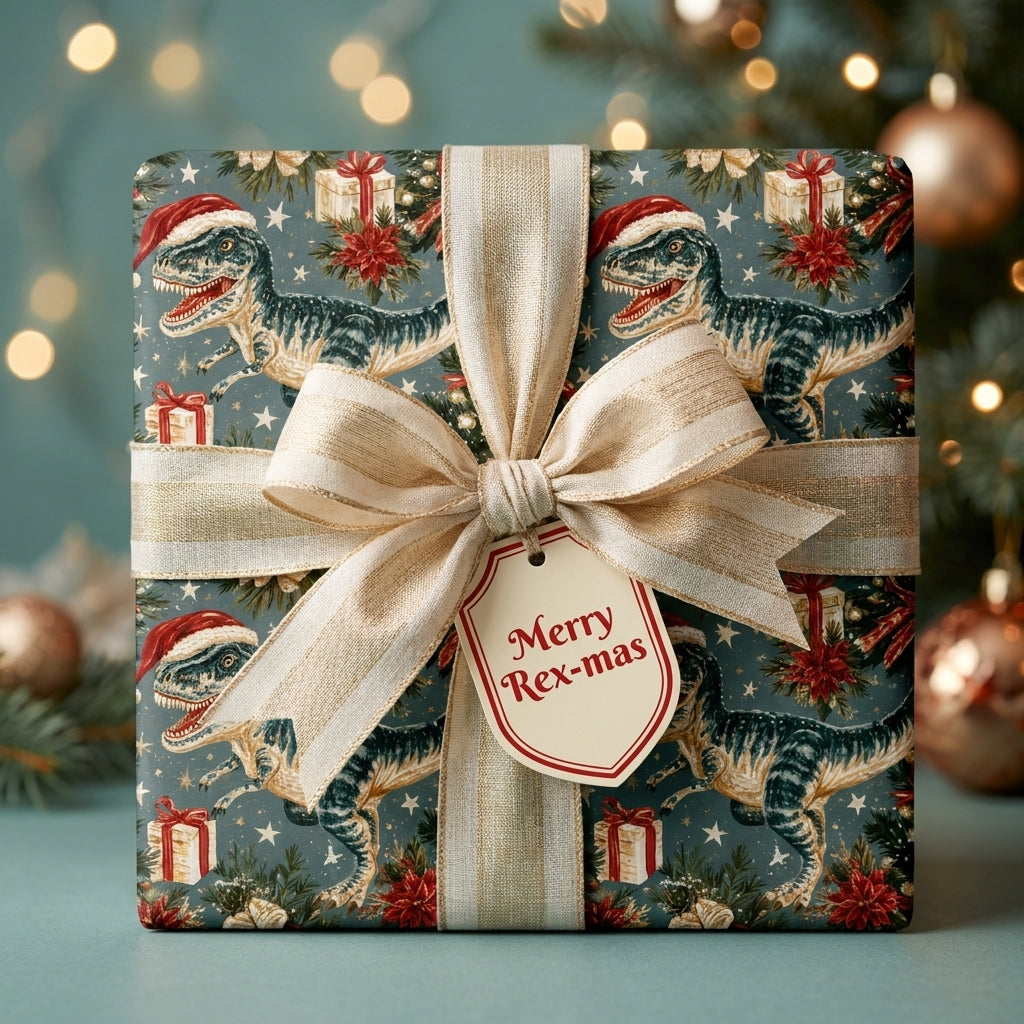 Dinosaur Christmas wrapping paper with T-Rex in Santa hats and a gold ribbon by Wrapped Studios.