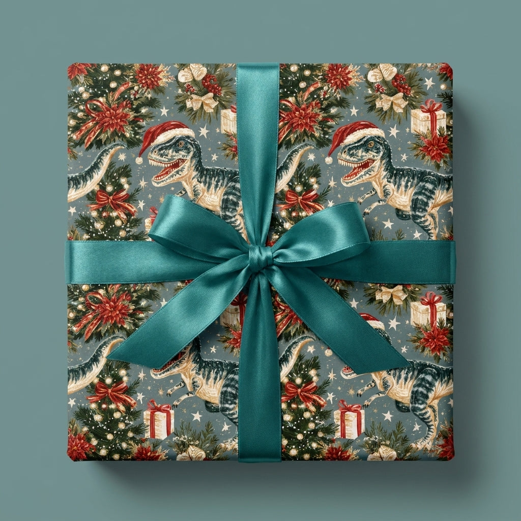 Dinosaur Christmas wrapping paper with Santa hat T-Rex pattern and teal satin ribbon by Wrapped Studios.