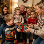 Boy receives a present in dinosaur Christmas wrapping paper with a red and green bow by Wrapped Studios.