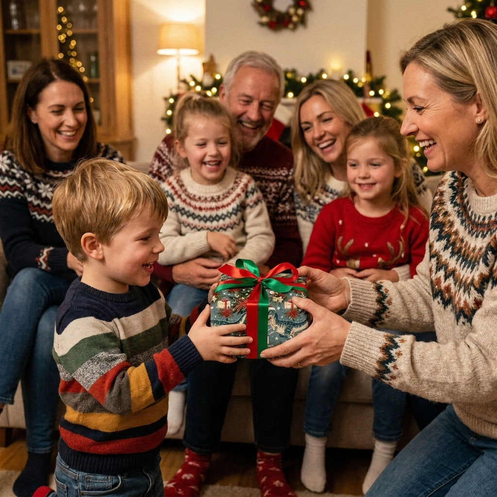 Boy receives a present in dinosaur Christmas wrapping paper with a red and green bow by Wrapped Studios.