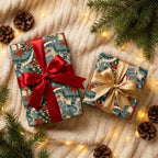 Dinosaur Christmas wrapping paper with red and gold satin bows on cozy holiday gifts by Wrapped Studios.