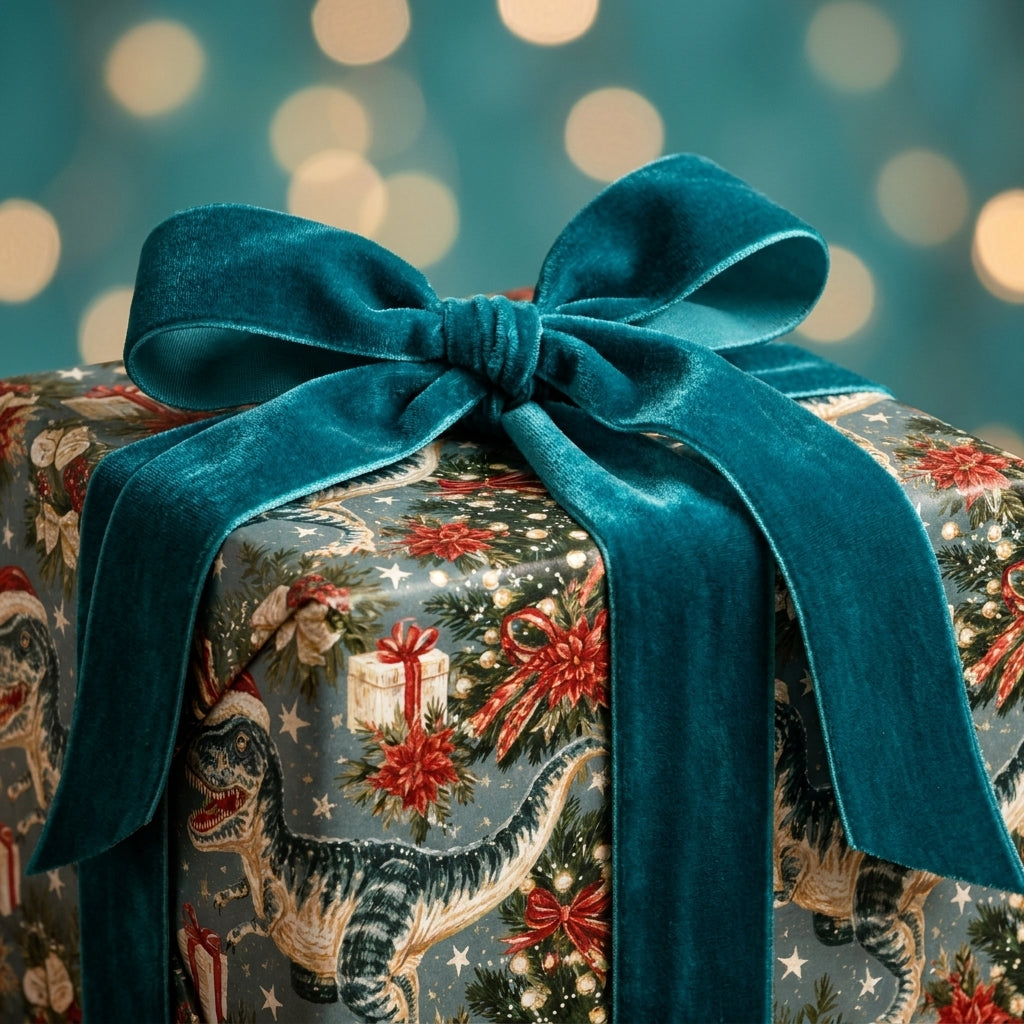 Funny dinosaur Christmas wrapping paper with a luxury teal velvet bow by Wrapped Studios.