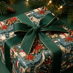 Dinosaur Christmas wrapping paper with a green ribbon bow by Wrapped Studios.