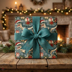 Dinosaur Christmas wrapping paper with T-Rex in Santa hats, tied with a teal ribbon by Wrapped Studios.