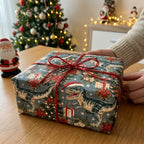 Hands holding a holiday gift in dinosaur Christmas wrapping paper with red twine, by Wrapped Studios.