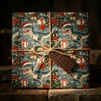 Dinosaur Christmas wrapping paper with a T-Rex in a Santa hat, tied with rustic twine by Wrapped Studios.