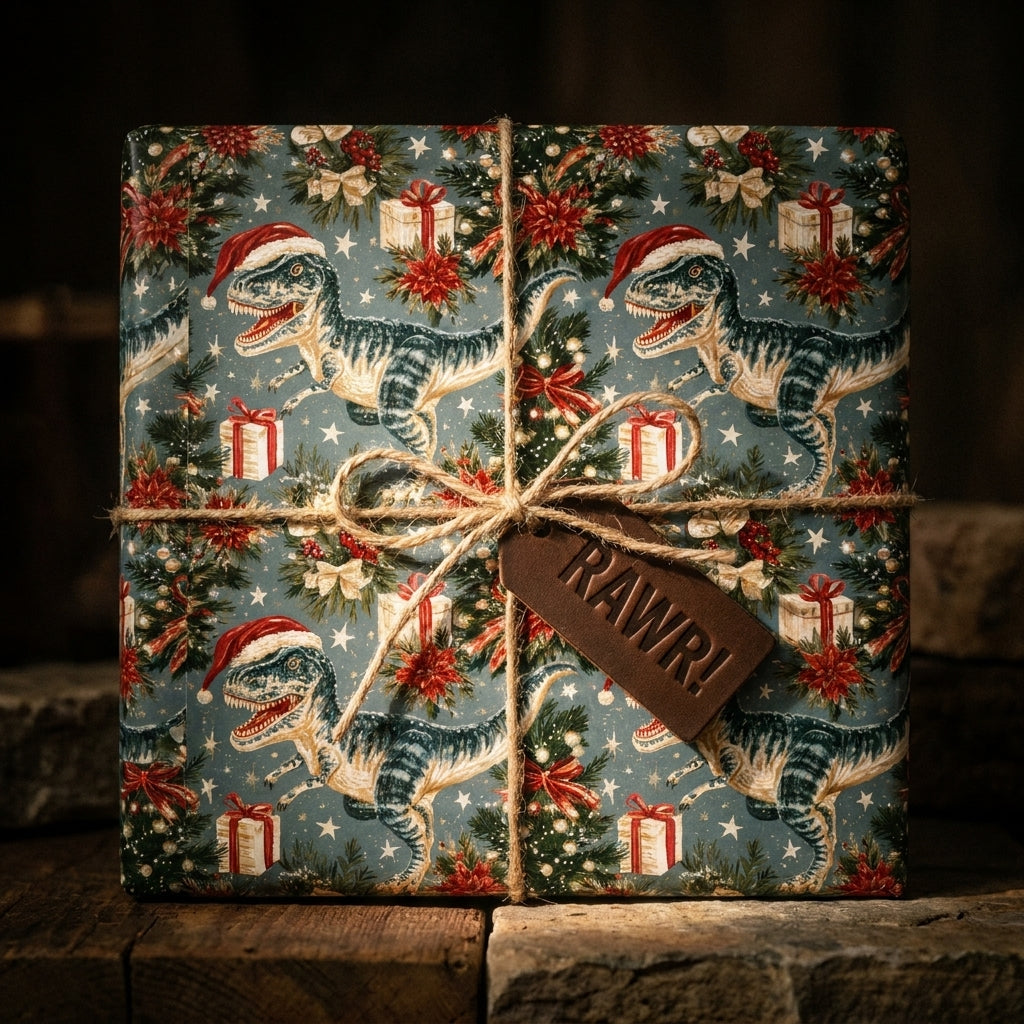 Dinosaur Christmas wrapping paper with a T-Rex in a Santa hat, tied with rustic twine by Wrapped Studios.
