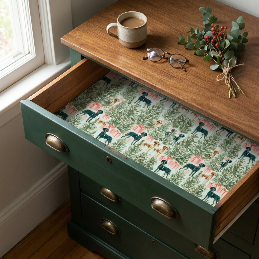 Dog Christmas wrapping paper featuring holiday trees lining a green dresser drawer by Wrapped Studios.