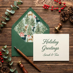 Dog Christmas card and holiday envelope liner with pine trees by Wrapped Studios on rustic wood.