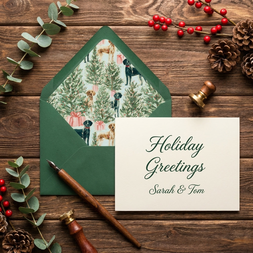 Dog Christmas card and holiday envelope liner with pine trees by Wrapped Studios on rustic wood.