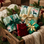 Festive dog Christmas wrapping paper on gifts with luxury gold and green ribbons by Wrapped Studios.