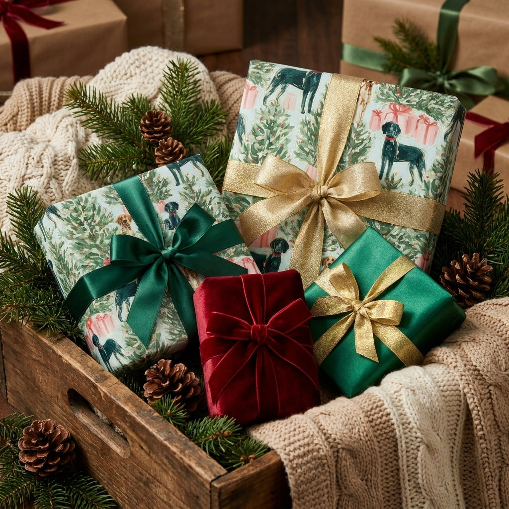 Festive dog Christmas wrapping paper on gifts with luxury gold and green ribbons by Wrapped Studios.