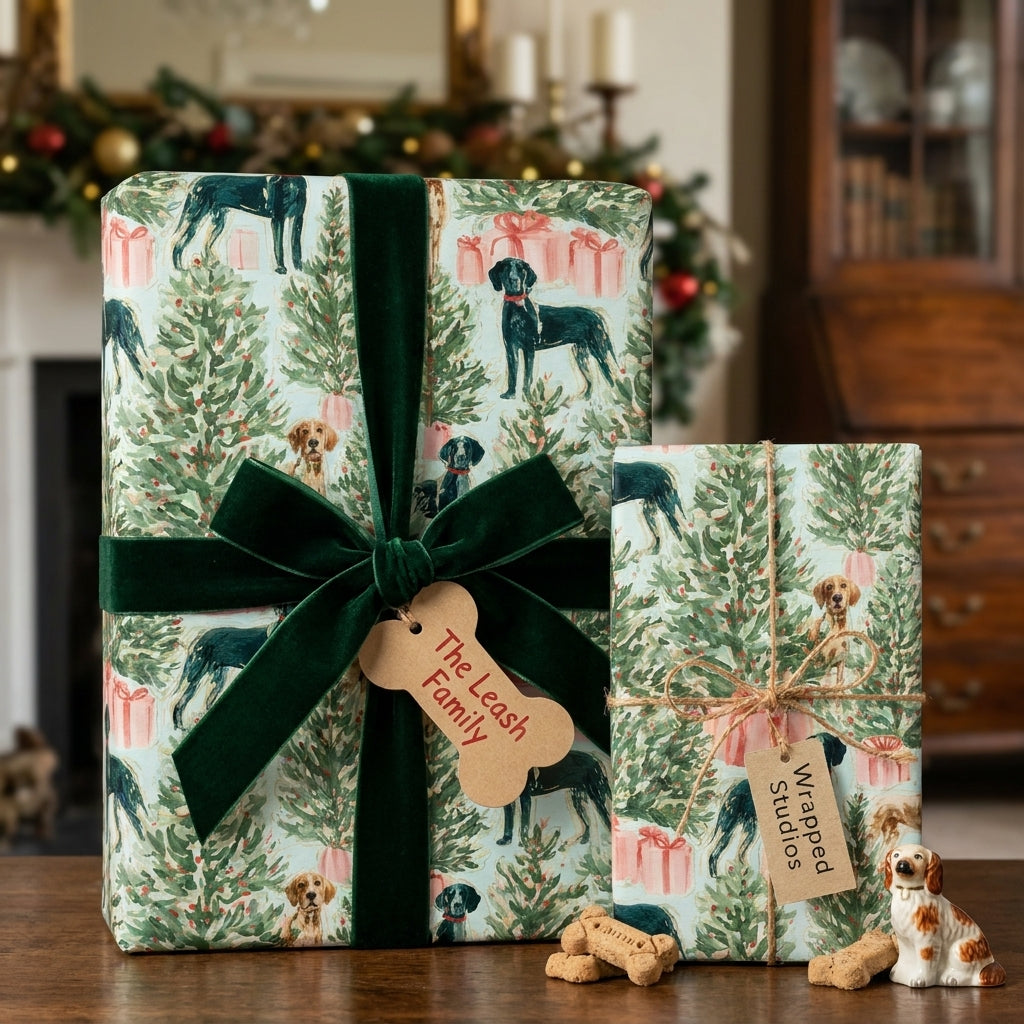 Dog Christmas wrapping paper featuring evergreen trees and green velvet bow by Wrapped Studios.
