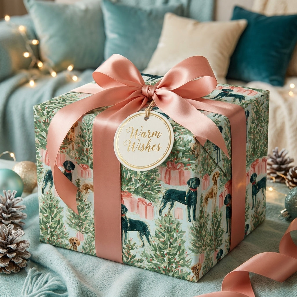 Dog Christmas wrapping paper with a pink satin ribbon and gift tag by Wrapped Studios.