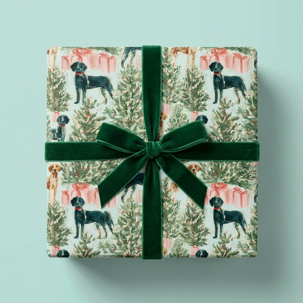 Dog Christmas wrapping paper with watercolor trees and a green velvet bow, by Wrapped Studios.