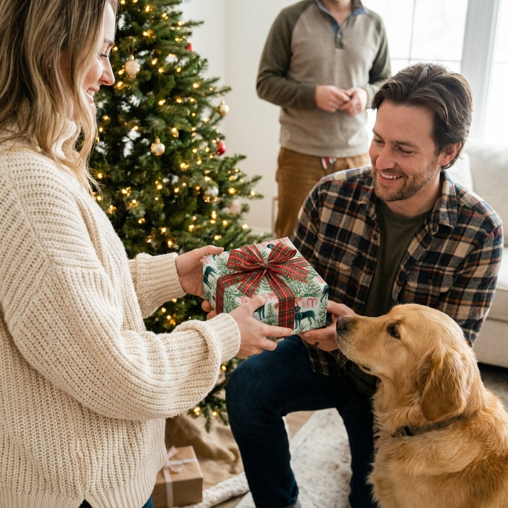 Dog Christmas wrapping paper by Wrapped Studios on a gift exchanged by a couple next to their golden retriever.