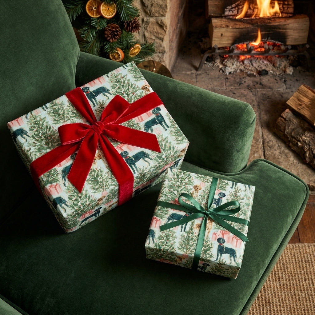 Dog Christmas wrapping paper with velvet ribbons on gifts by a cozy fireplace, by Wrapped Studios.