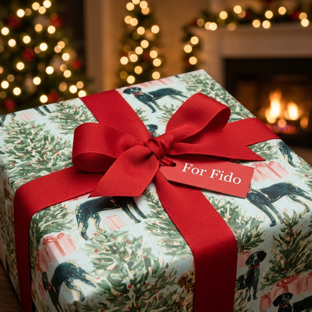 Dog Christmas wrapping paper with a red bow and 'For Fido' tag by Wrapped Studios.