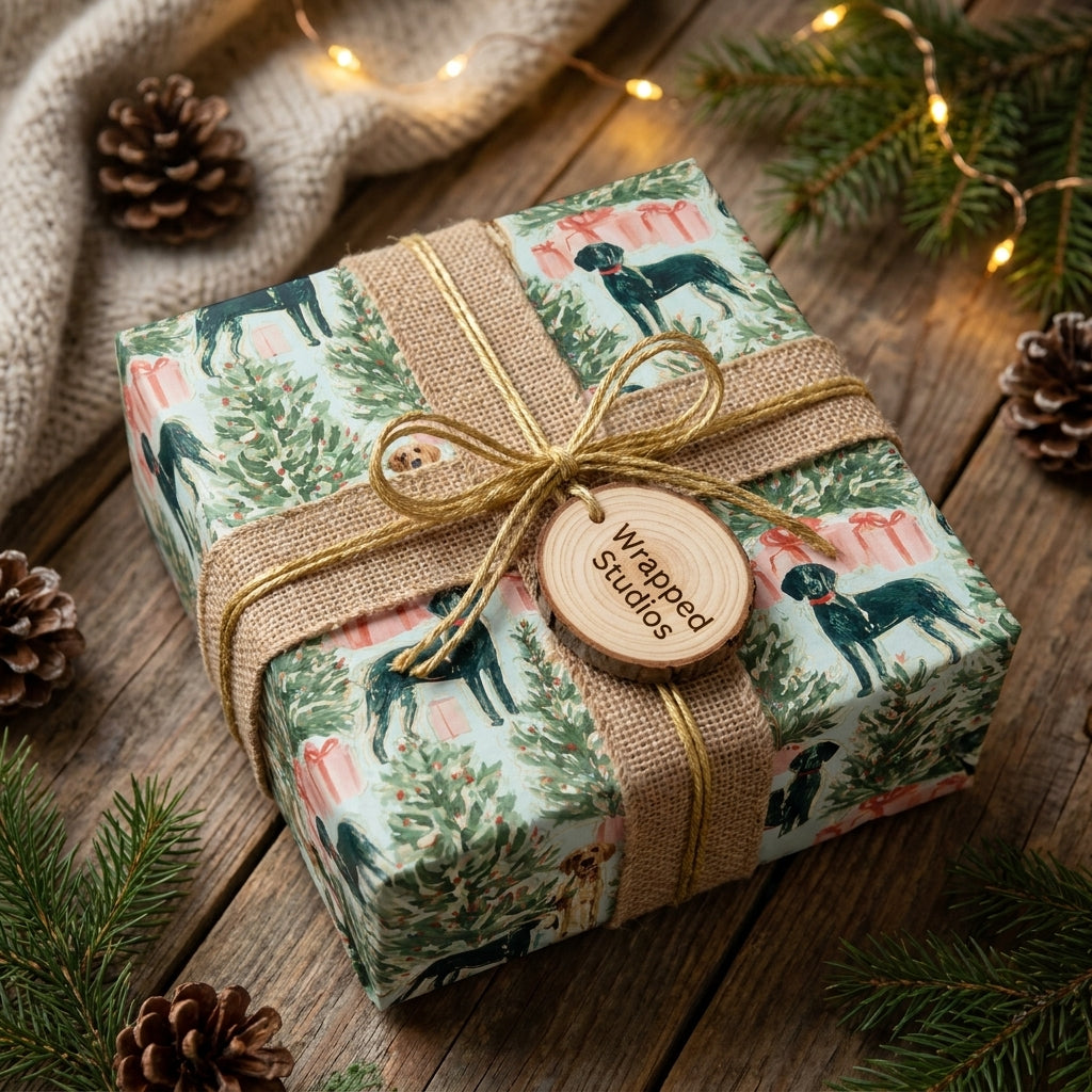 Rustic dog Christmas wrapping paper with burlap ribbon and wooden gift tag, by Wrapped Studios.