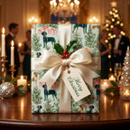 Dog Christmas wrapping paper with a cream satin bow on a festive table by Wrapped Studios.