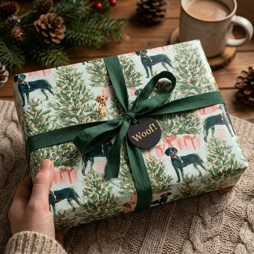 Dog Christmas wrapping paper with holiday trees and green ribbon by Wrapped Studios.