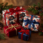 Dragon Christmas wrapping paper on holiday gift boxes with velvet ribbons by Wrapped Studios.