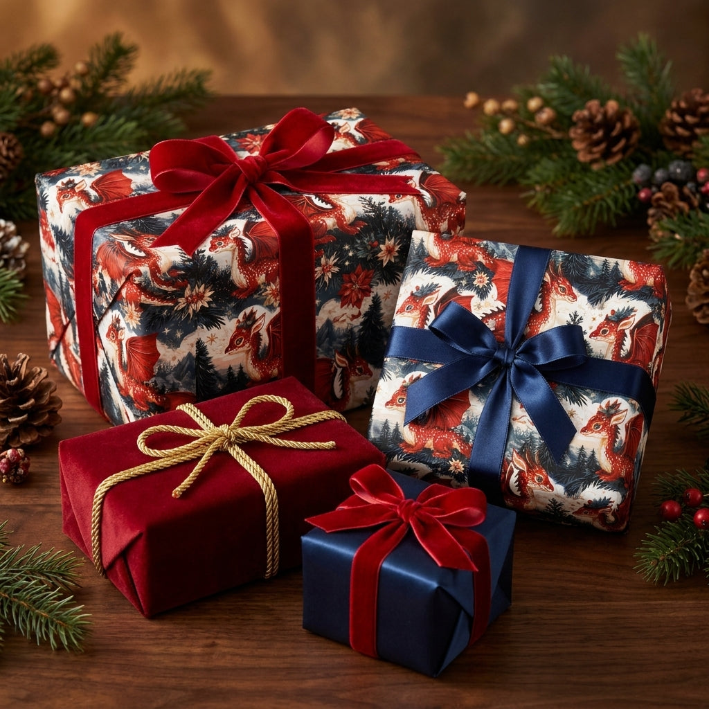 Dragon Christmas wrapping paper on holiday gift boxes with velvet ribbons by Wrapped Studios.
