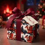 Whimsical fantasy dragon Christmas wrapping paper with a burgundy bow by Wrapped Studios.