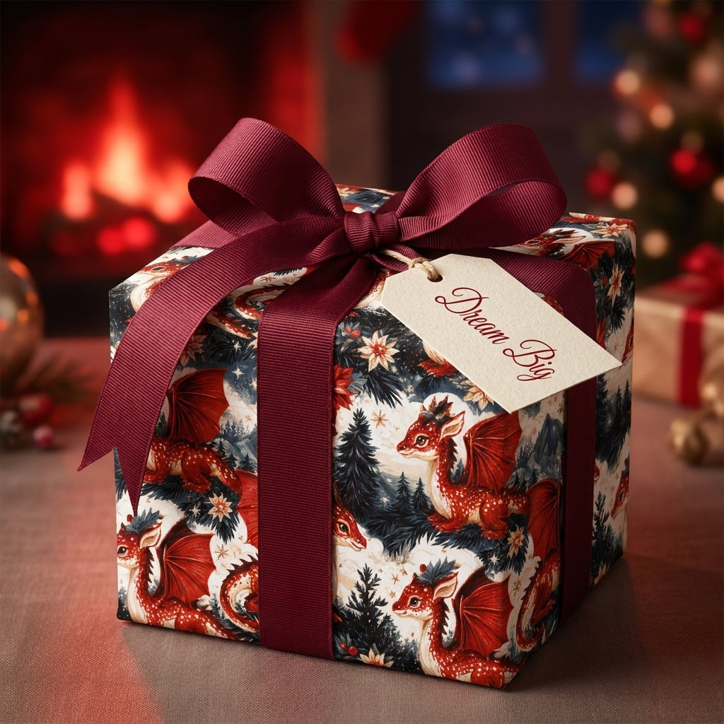 Whimsical fantasy dragon Christmas wrapping paper with a burgundy bow by Wrapped Studios.