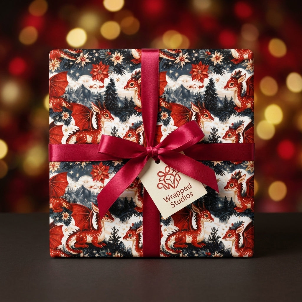 Red dragon wrapping paper by Wrapped Studios on a gift box with a satin ribbon against holiday lights.