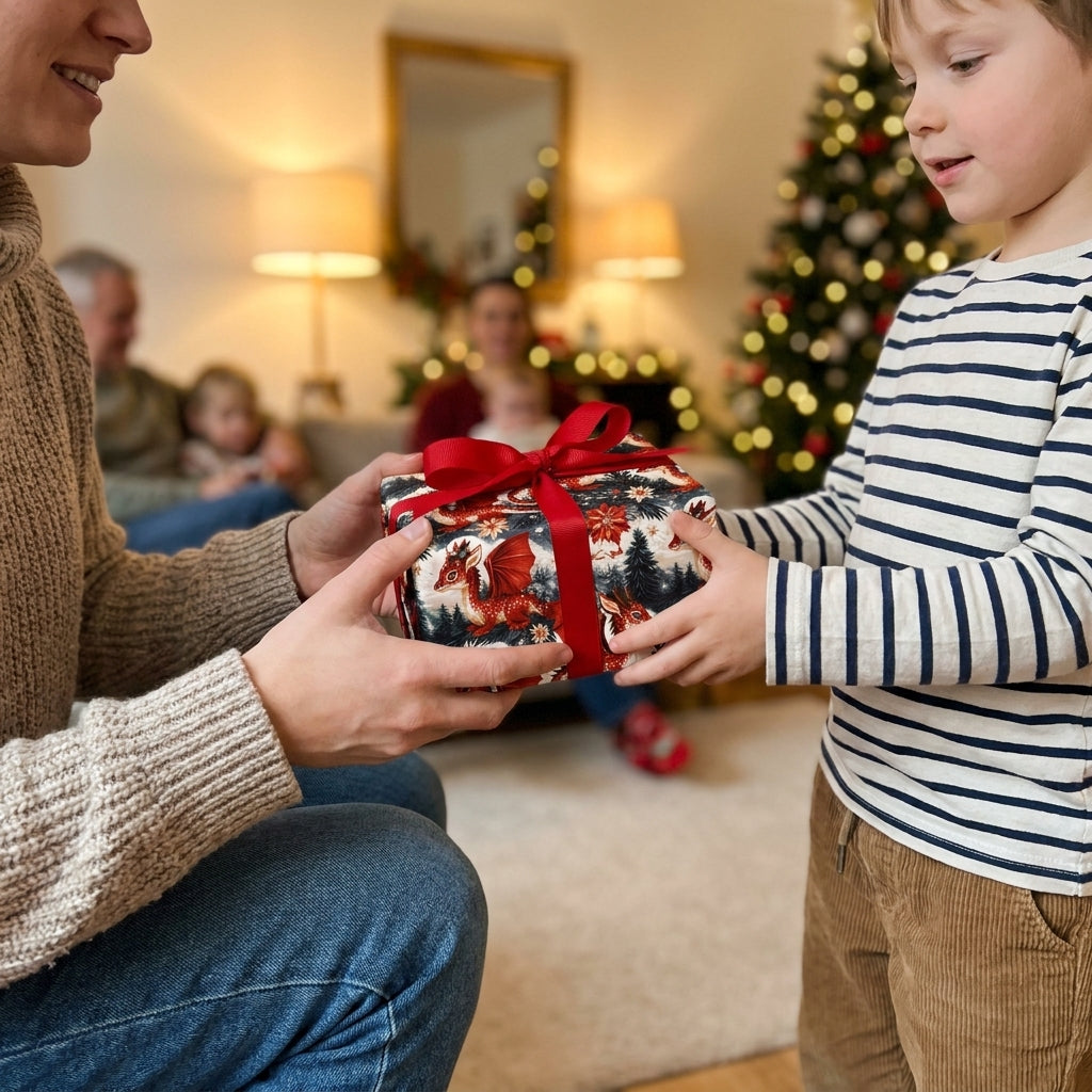 A child receives a holiday gift in dragon Christmas wrapping paper with a red ribbon by Wrapped Studios.