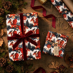 Fantasy red dragon Christmas wrapping paper on gifts with velvet ribbon by Wrapped Studios.