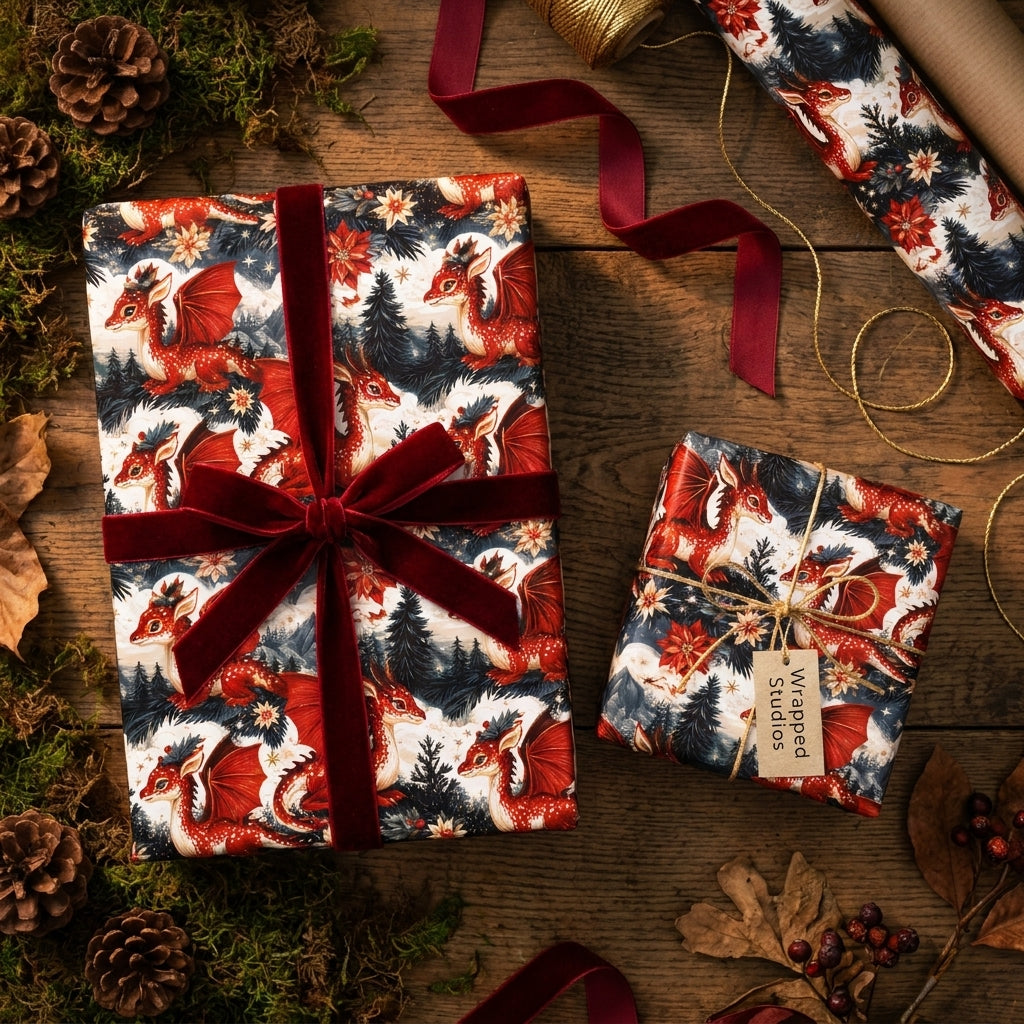 Fantasy red dragon Christmas wrapping paper on gifts with velvet ribbon by Wrapped Studios.