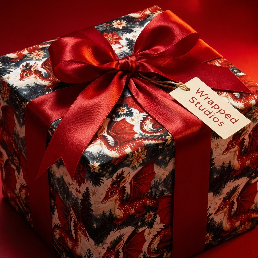 Red dragon Christmas wrapping paper with a luxury satin bow on a gift box by Wrapped Studios.