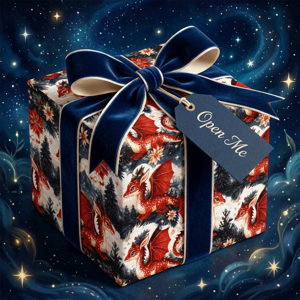 Fantasy dragon Christmas wrapping paper with a luxury blue velvet bow by Wrapped Studios.