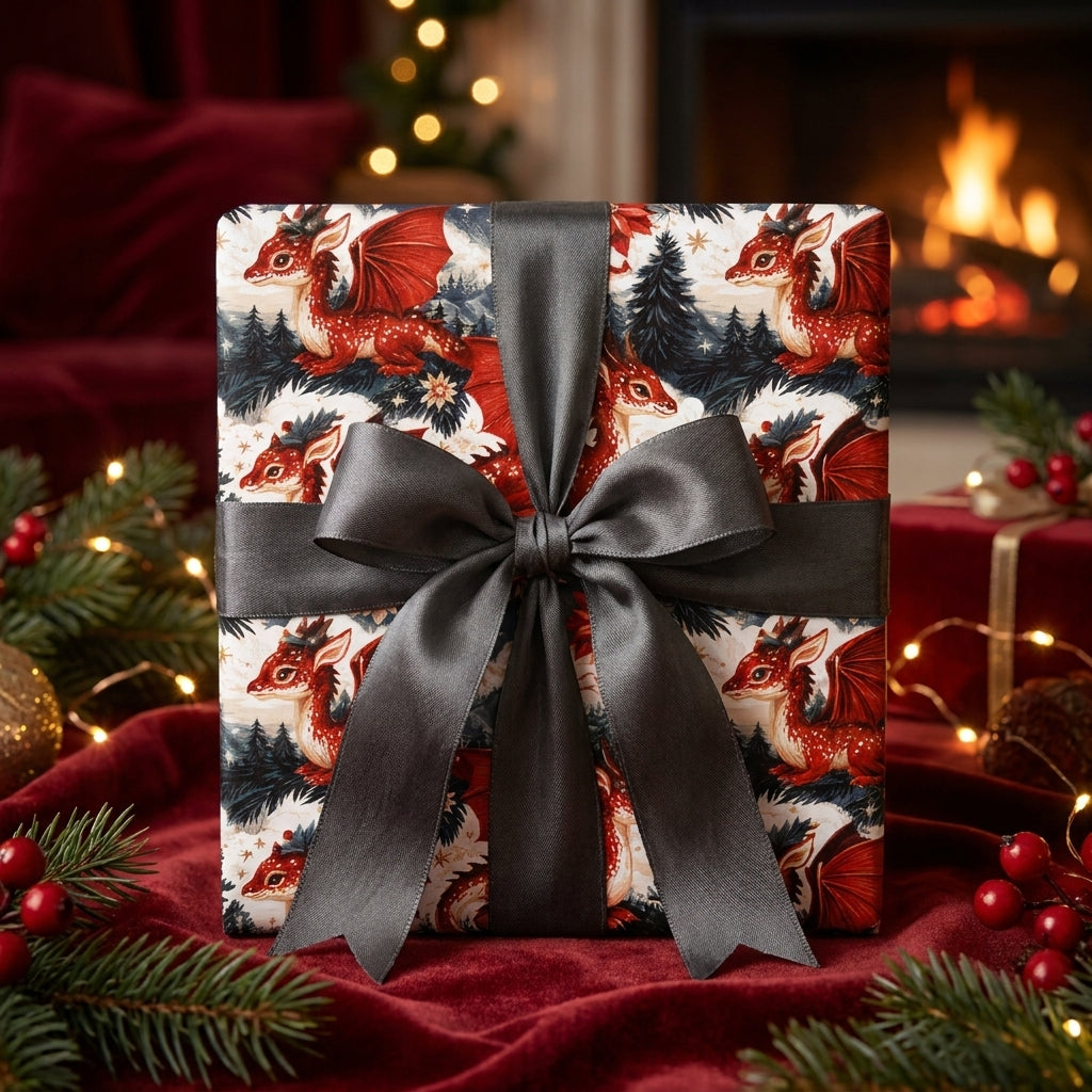 Whimsical red dragon Christmas wrapping paper with a grey satin ribbon by Wrapped Studios.